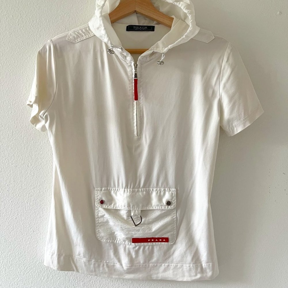 PRADA Hooded Short Sleeve Top with Half Zipper
